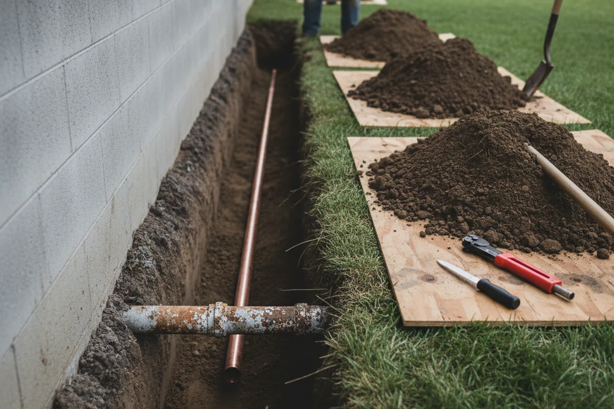 Excavated water line trench during Water Softener Installation in Argyle